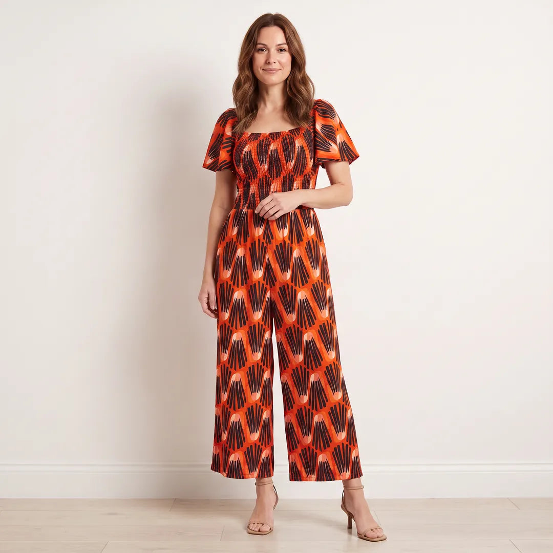 Ivan Jumpsuit in Abstract Saffron print, front view on model, ankle length