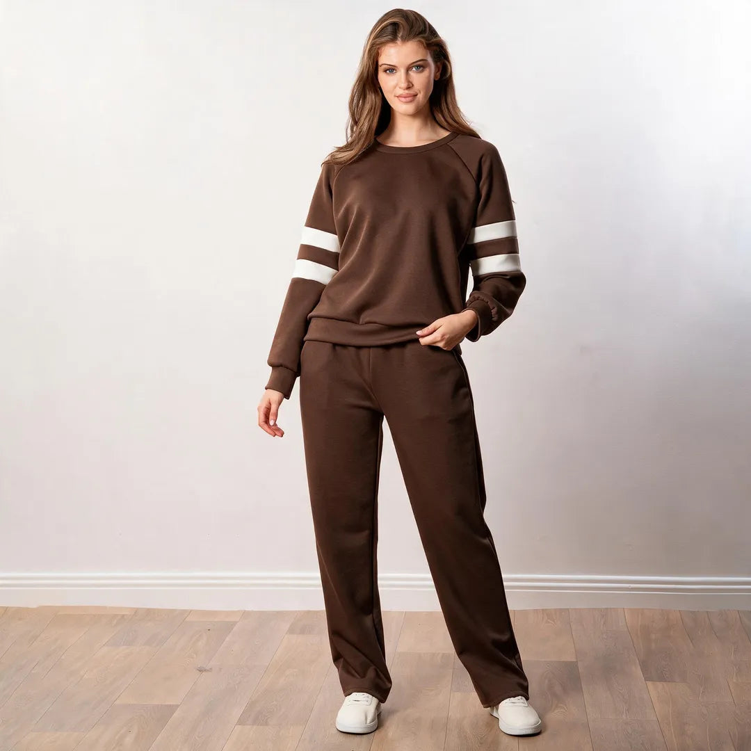 Jasmine Stripe Co-ord in brown, relaxed front view showing sweatshirt and wide-leg trousers