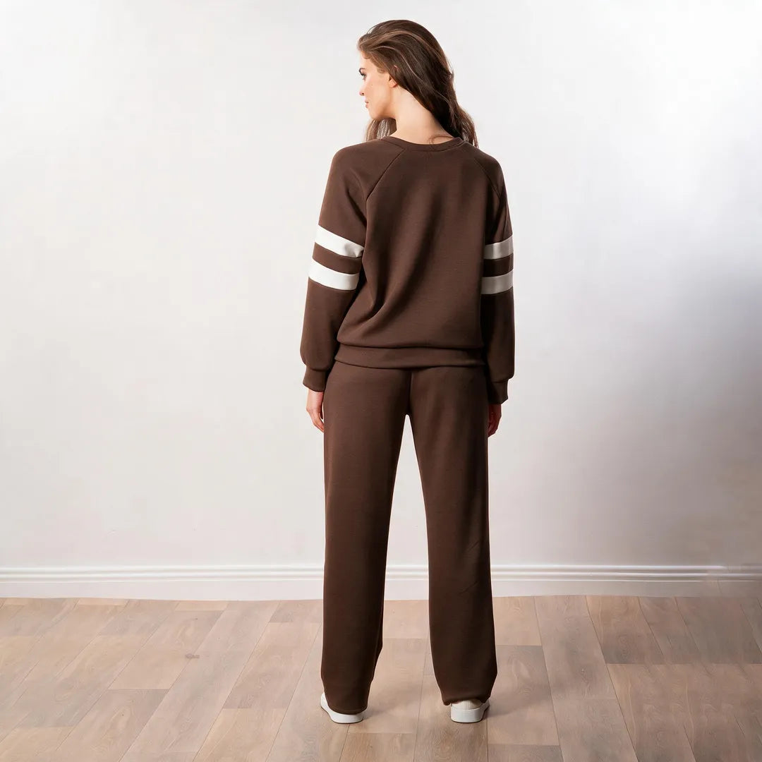 Jasmine Stripe Co-ord in brown, back view showing raglan sleeves and white stripe detail