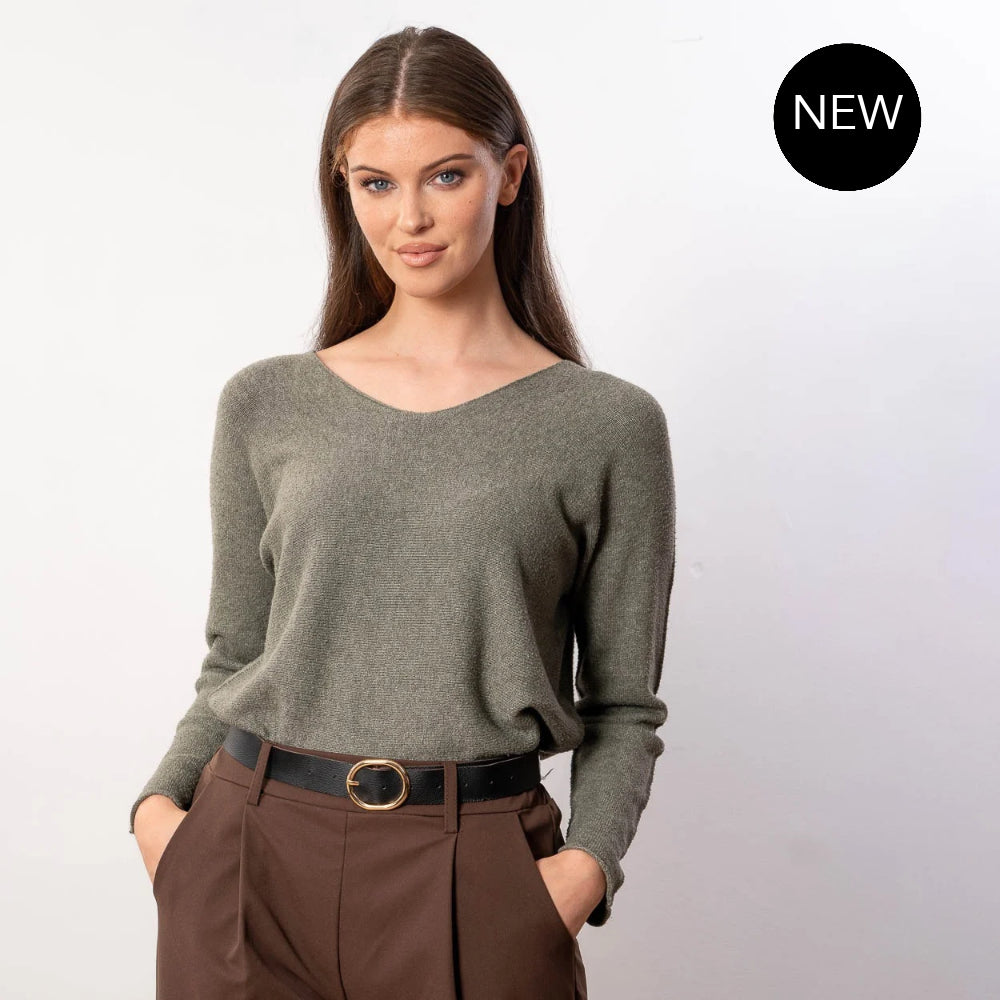 Kylie V Neck Jumper (Khaki)