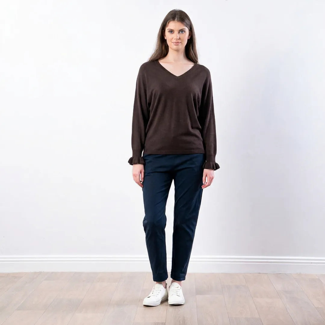Chocolate brown Lexie batwing V-neck knit top, front view with hand raised
