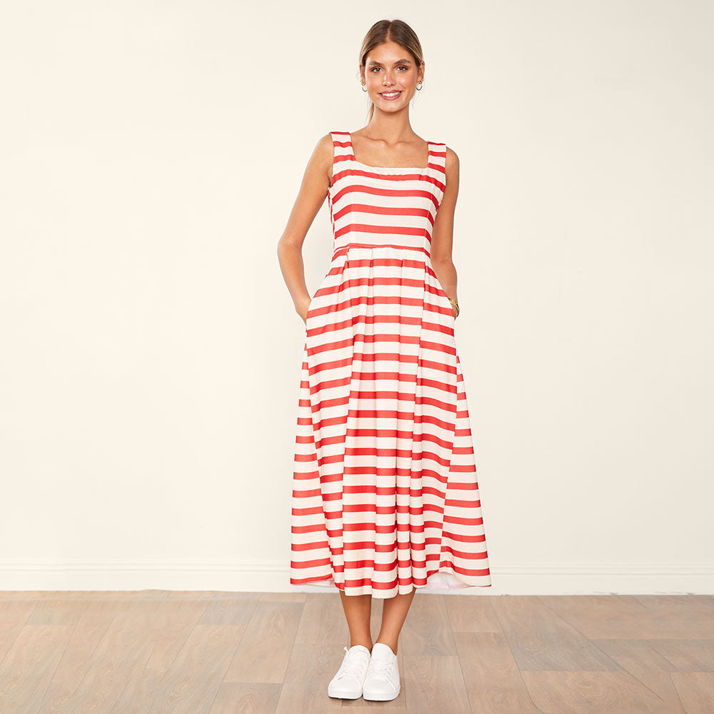 Maddie Dress (Red/Cream Stripe)