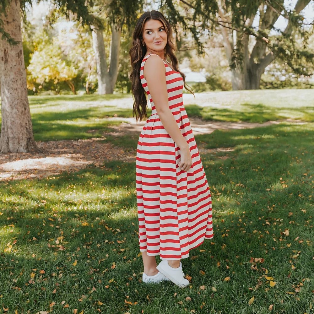 Maddie Dress (Red/Cream Stripe)