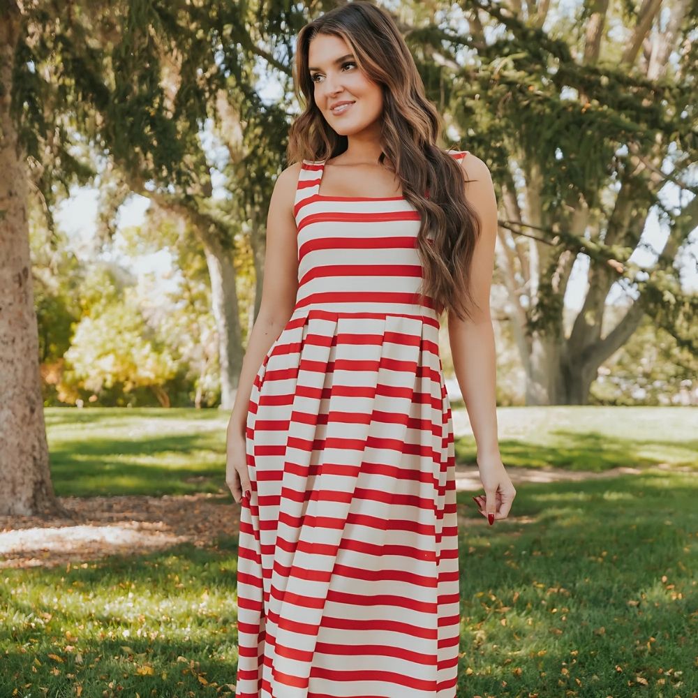 Maddie Dress (Red/Cream Stripe)