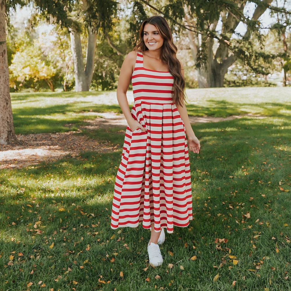 Maddie Dress (Red/Cream Stripe)