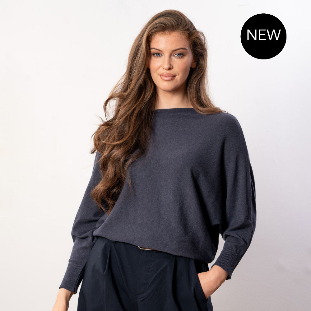 Mariah Batwing Fine Knit Top (Navy)