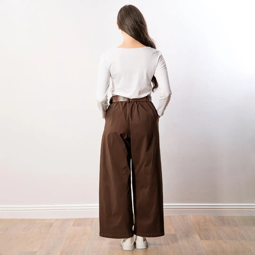 Nora Wide Leg Trousers in brown, full back view showing elasticated waist and wide leg
