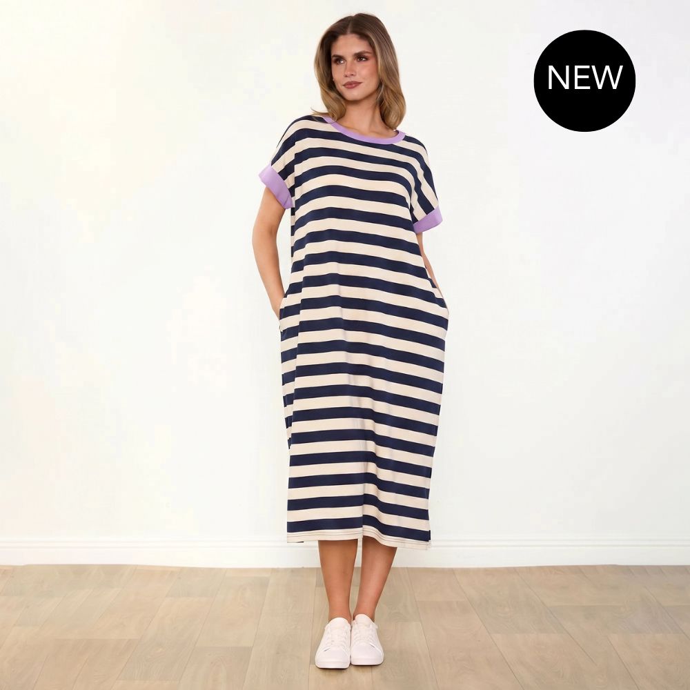 Rachel Dress (Navy Stripe/Lilac)