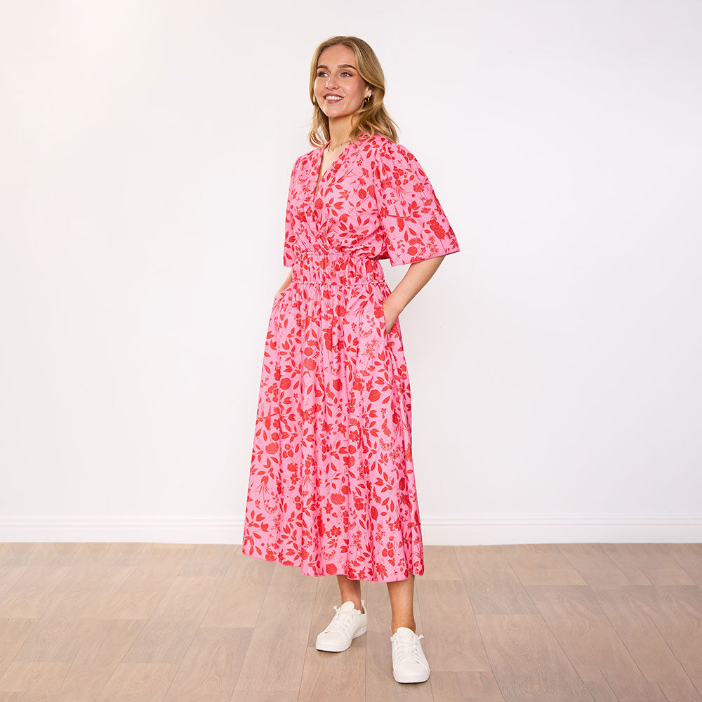 Saoirse Dress in pink raspberry meadow floral print – women's dress – view 4