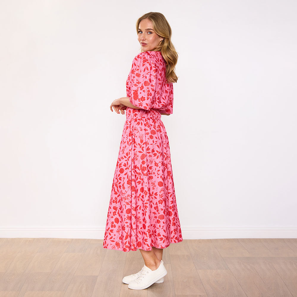 Saoirse Dress in pink raspberry meadow floral print – women's dress – view 7