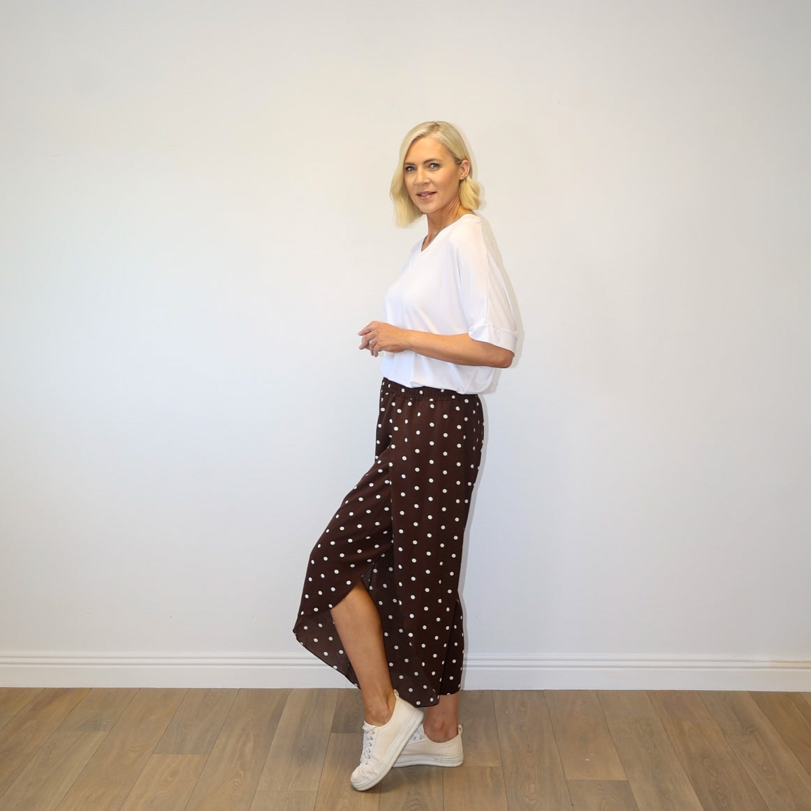 Sasha Wide Leg Pants (Brown Polka Dot)