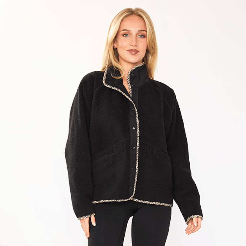 Molly Fleece Jacket (Black/Leopard Trim)