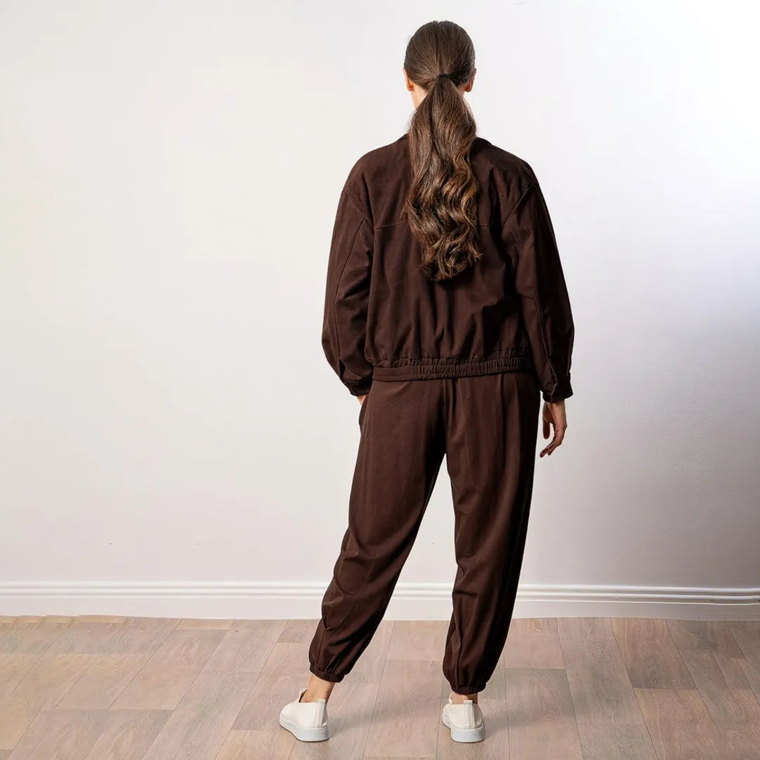 Sydney Jacket in chocolate brown corduroy, back view showing elasticated hem
