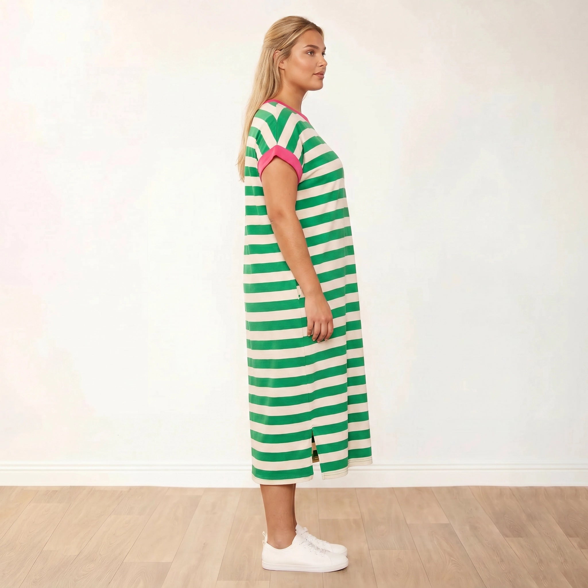 Rachel Dress (Green Stripe/Pink) - Plus Size XXL - Side Profile