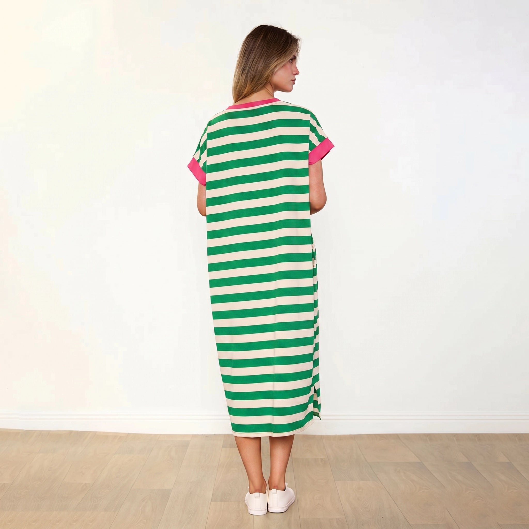 Rachel Dress Green Stripe Pink - Back