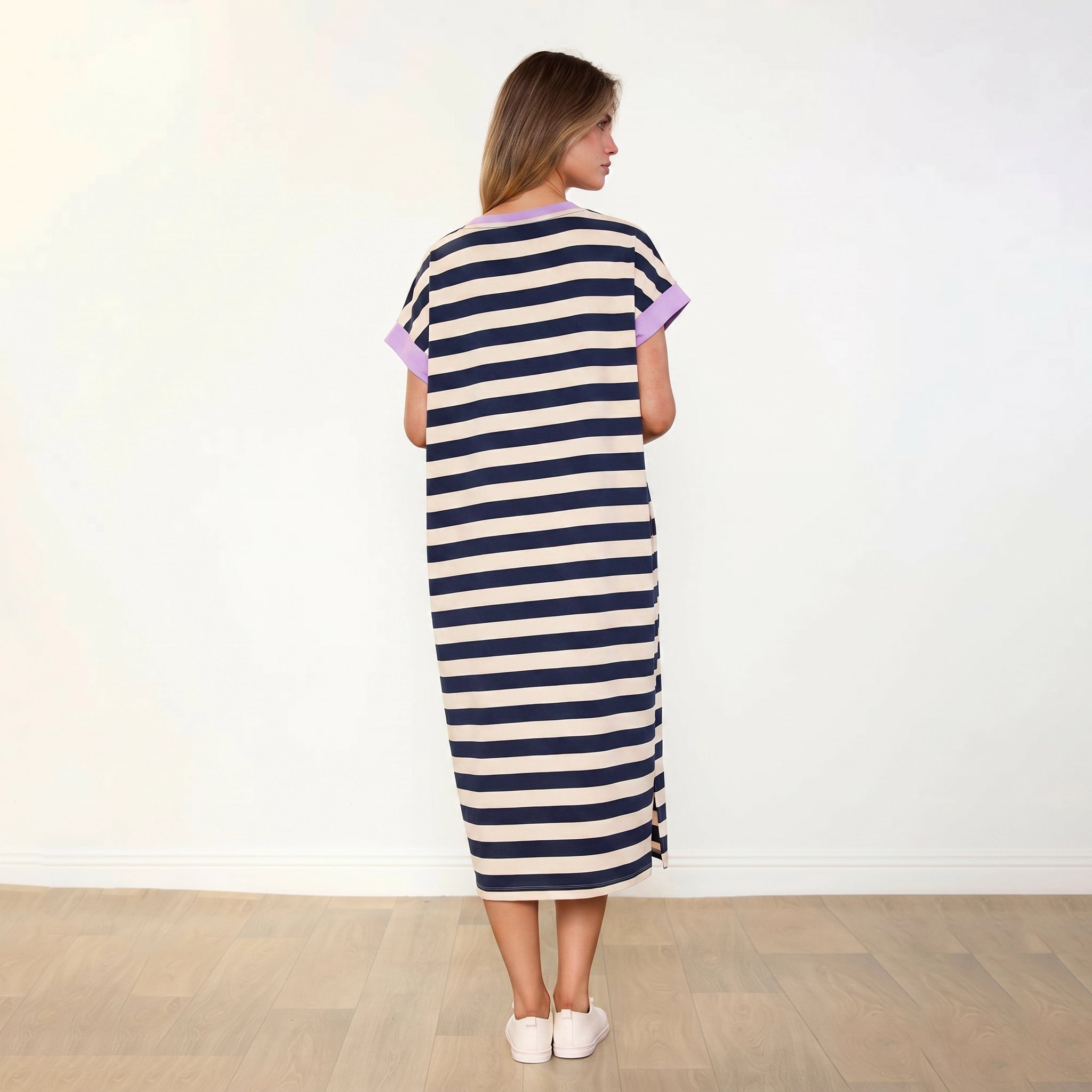 Rachel Dress Navy Stripe Lilac - Back