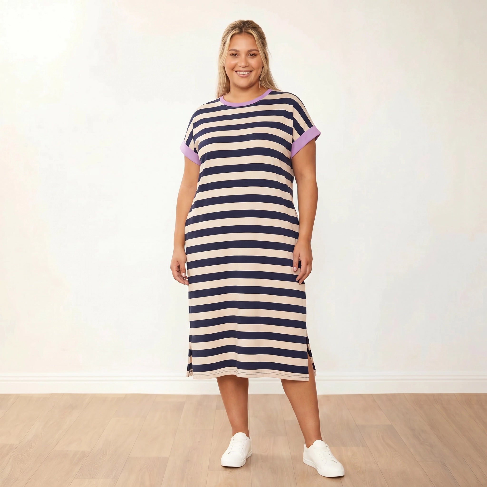 Rachel Dress Navy Stripe Lilac - Plus Size XXL - Front Slight Angle Smiling