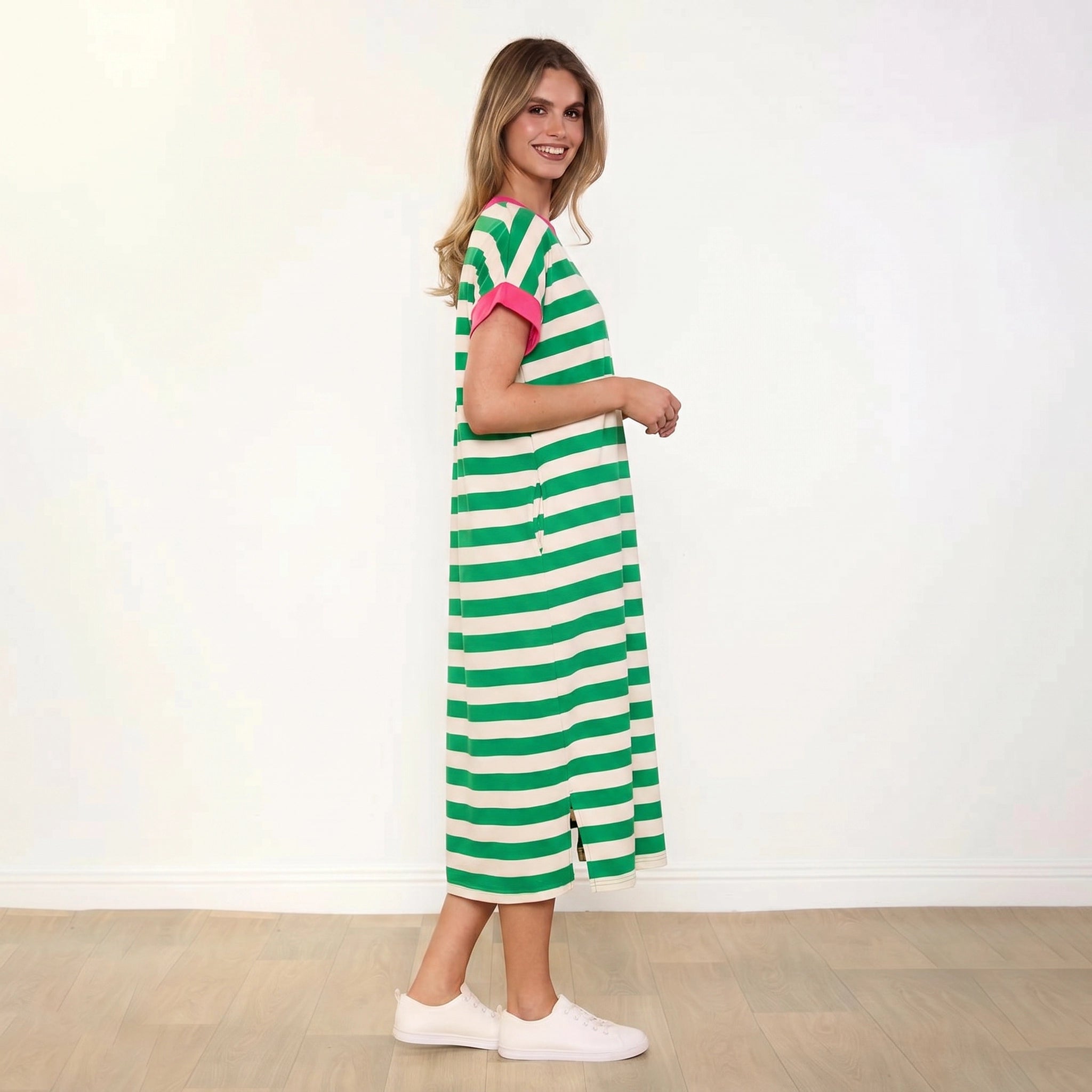Rachel Dress Green Stripe Pink - Side Profile