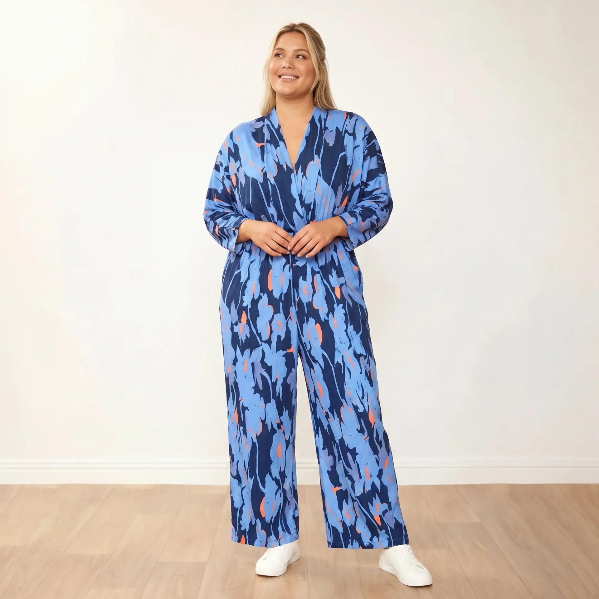 Vogue Jumpsuit (Navy/Orange Abstract) - Plus Size Model, Front Hands Clasped