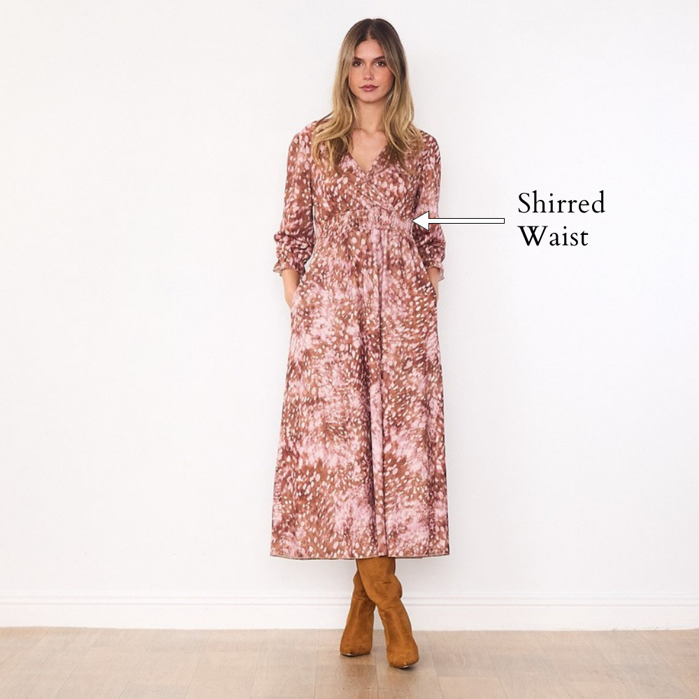 Aoife Wrap Dress (Brown Spot) - Shirred Waist