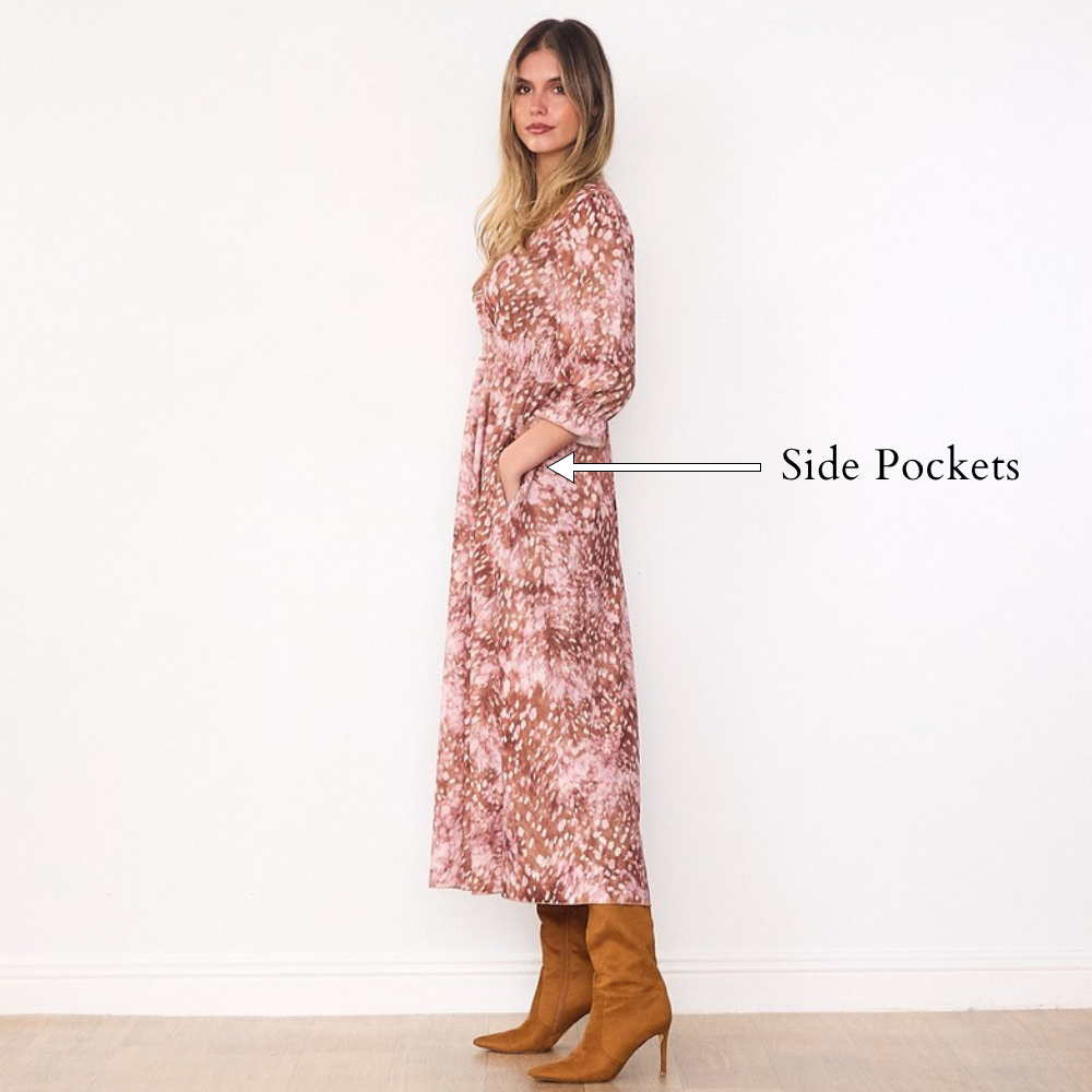 Aoife Wrap Dress (Brown Spot) - Side Pockets