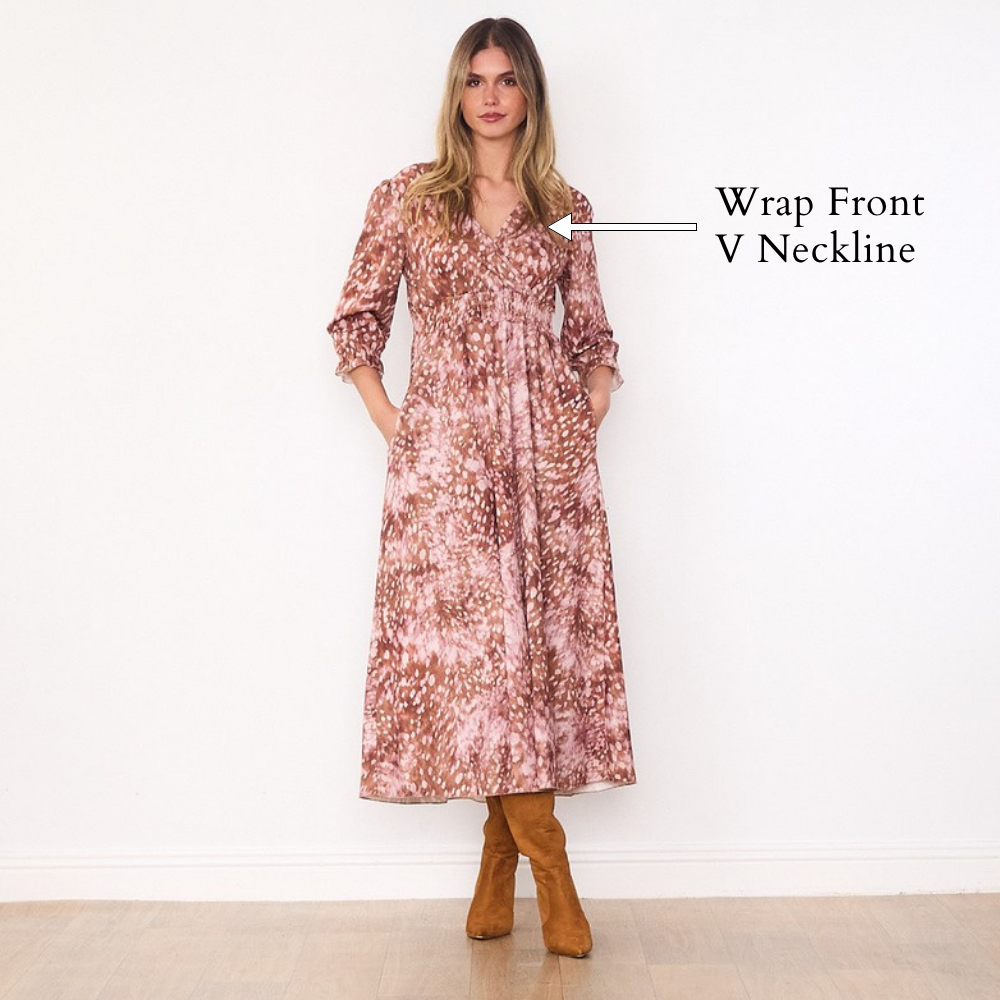 Aoife Wrap Dress (Brown Spot) - Wrap Front V Neckline