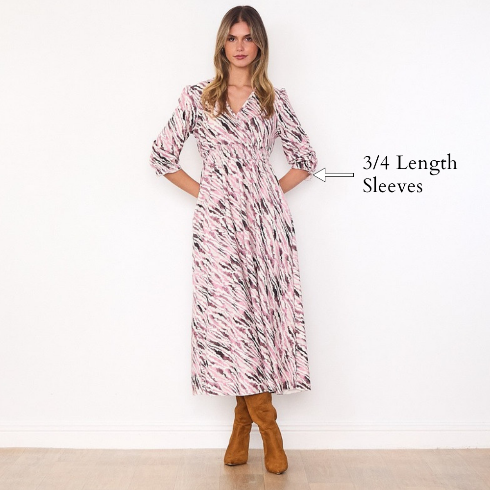 Aoife Wrap Dress (Pink & Burgundy) - 3/4 Length Sleeves
