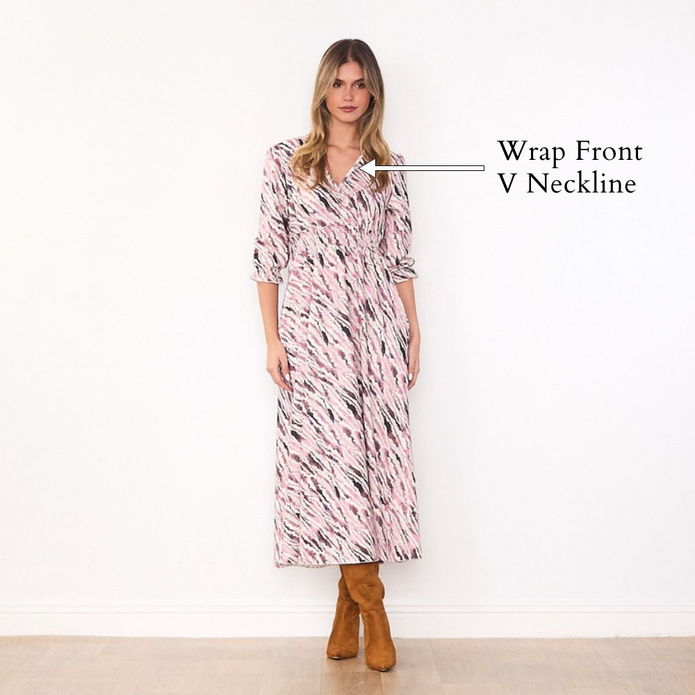Aoife Wrap Dress (Pink & Burgundy) - Wrap Front V Neckline