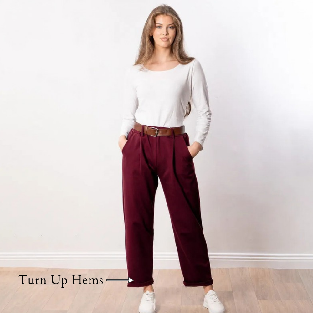 Arya Tapered Trousers (Wine) - Turn Up Hems