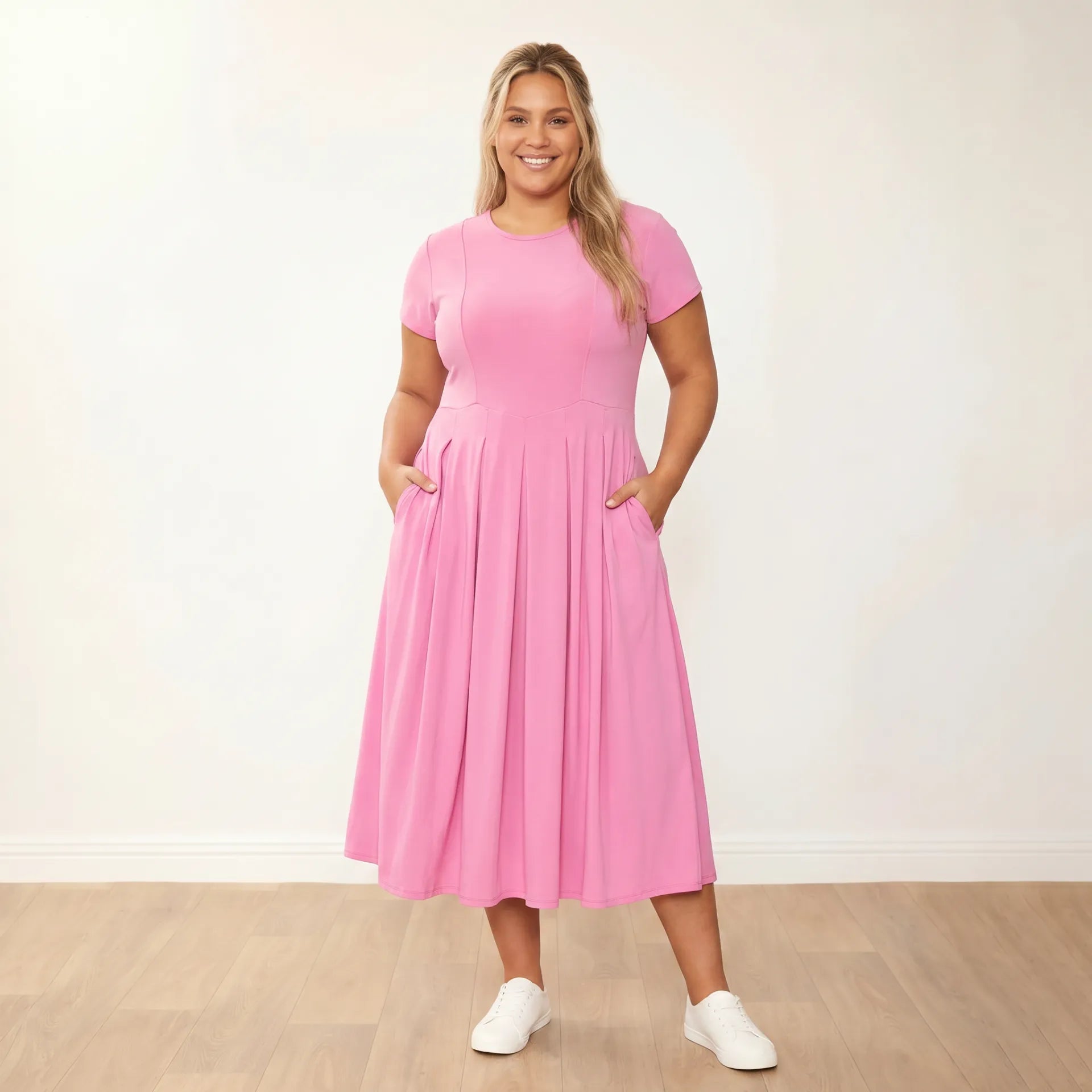 Polly Dress Pink - Plus Size XXL - Front hands in pockets