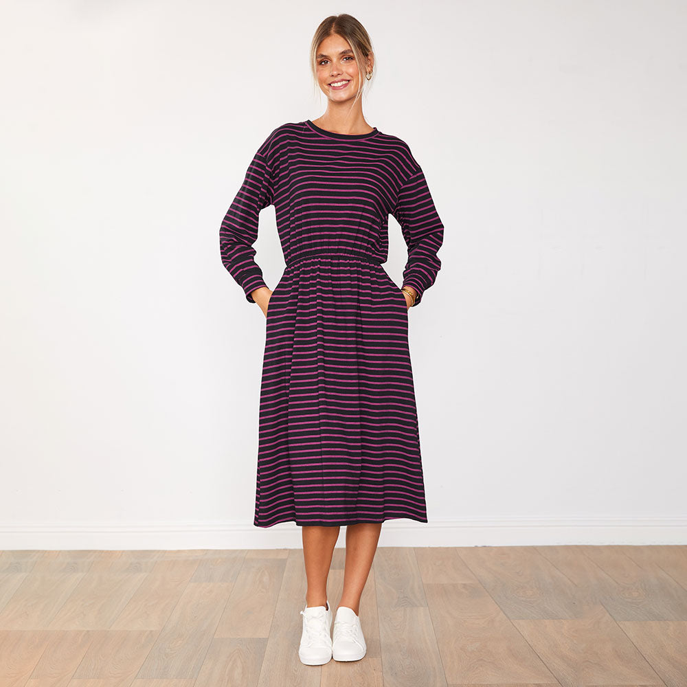 Carmen Dress (Black & Pink Stripes)