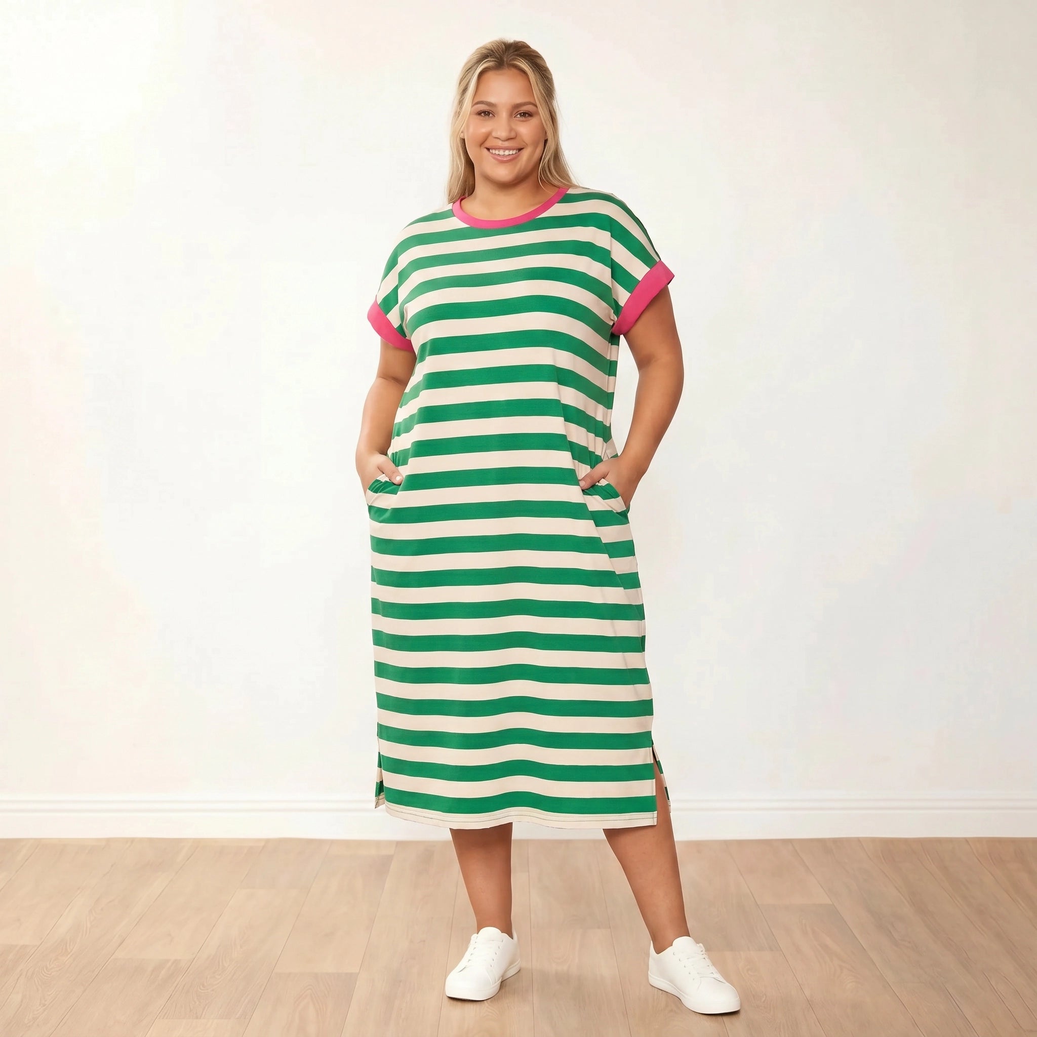Rachel Dress (Green Stripe/Pink) - Plus Size XXL - Front Hands in Pockets