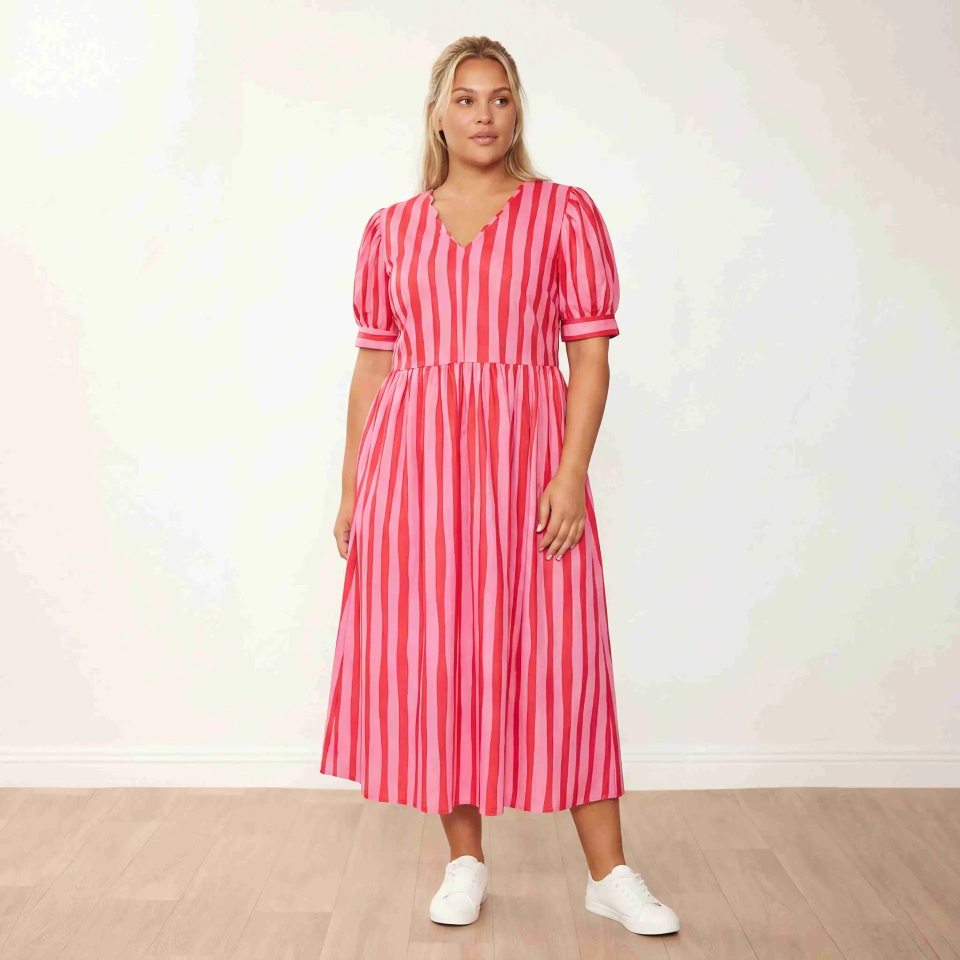 Billy Dress Pink Red Stripe - Plus Size Side Glance