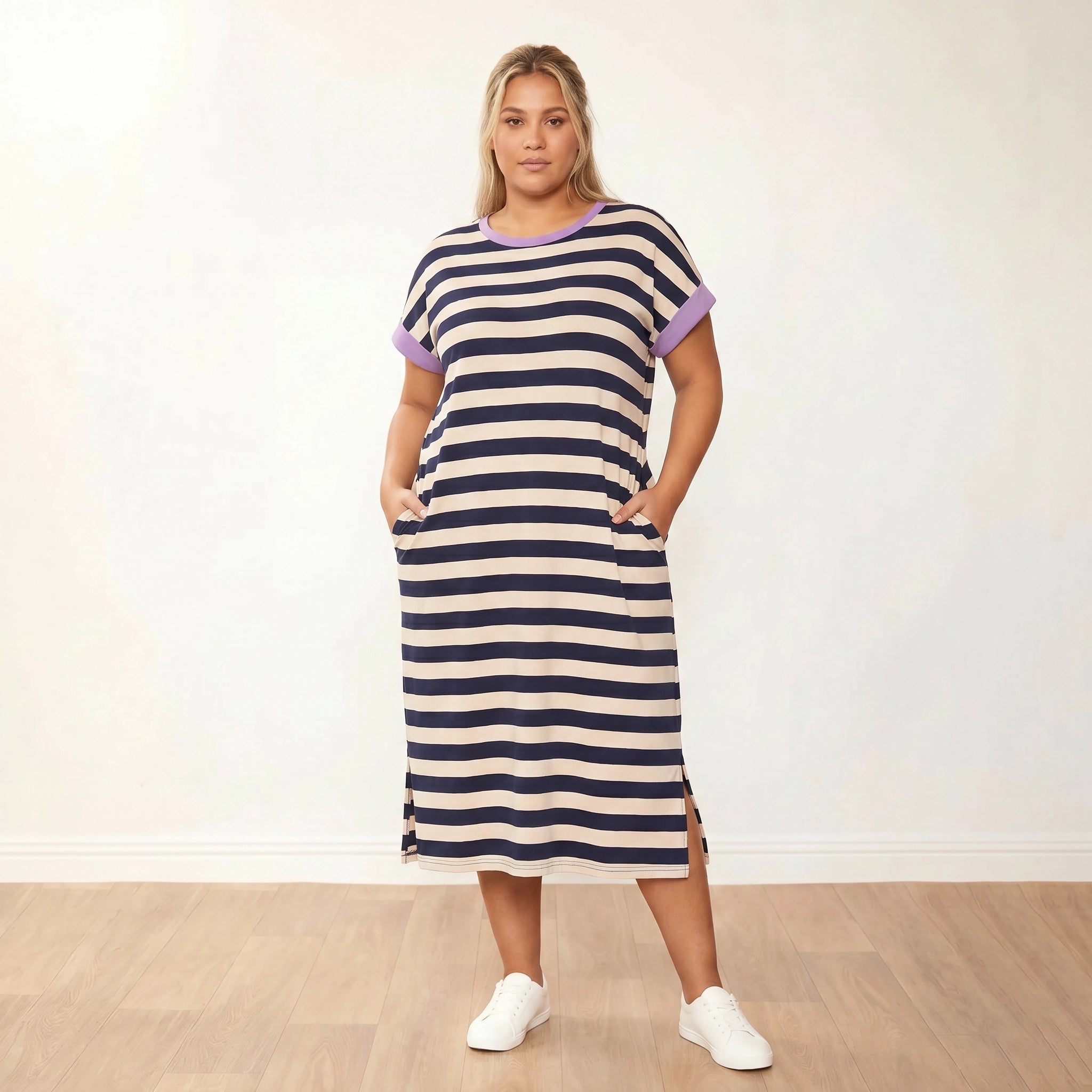 Rachel Dress Navy Stripe Lilac - Plus Size XXL - Front Hands In Pockets Neutral