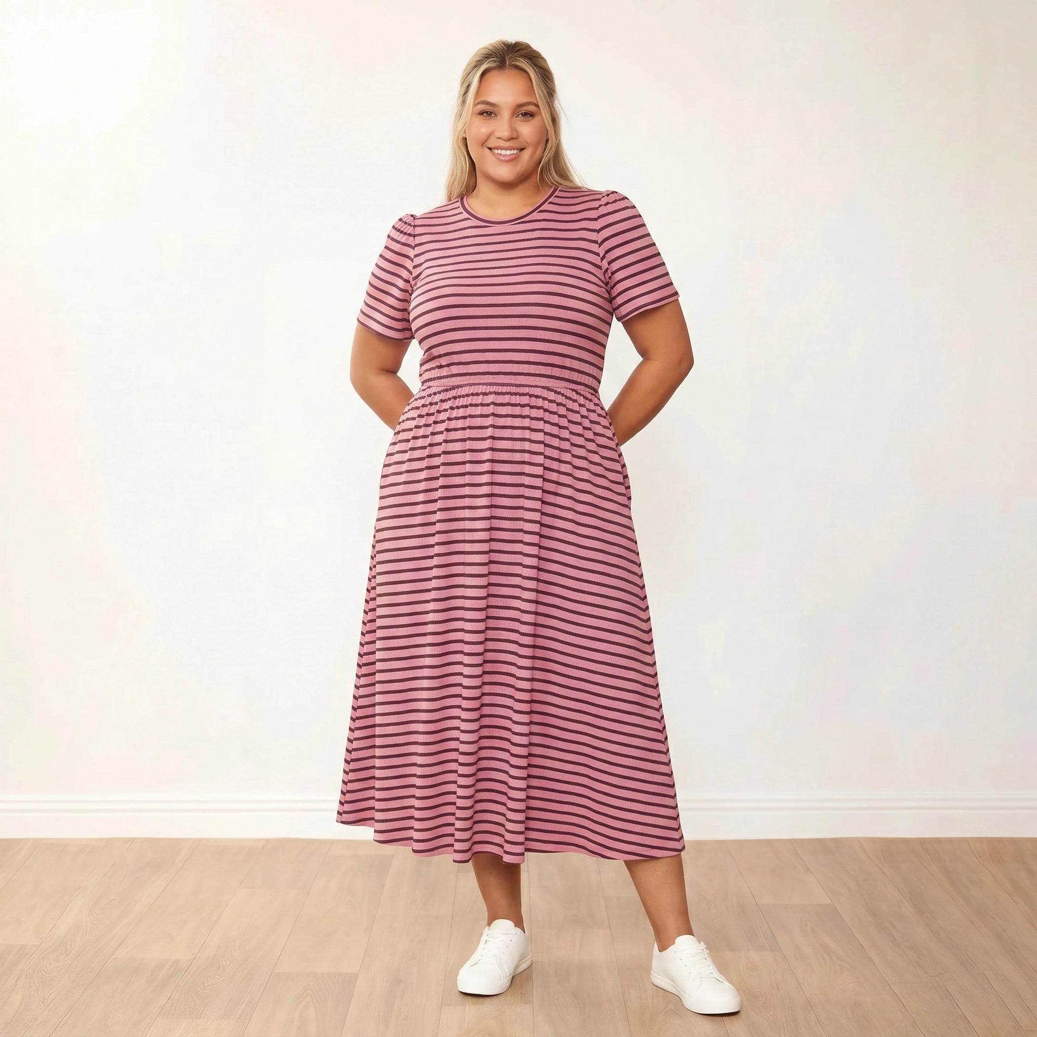 Eilish Dress (Pink/Brown) - Plus Size XXL - Front, hands behind back