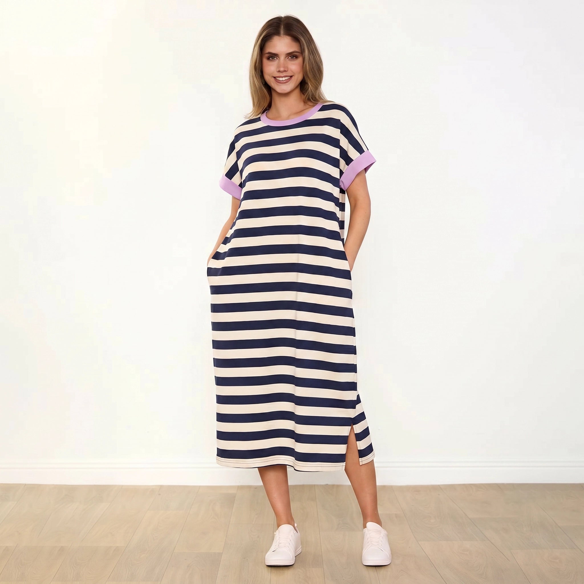Rachel Dress Navy Stripe Lilac - Front Smiling