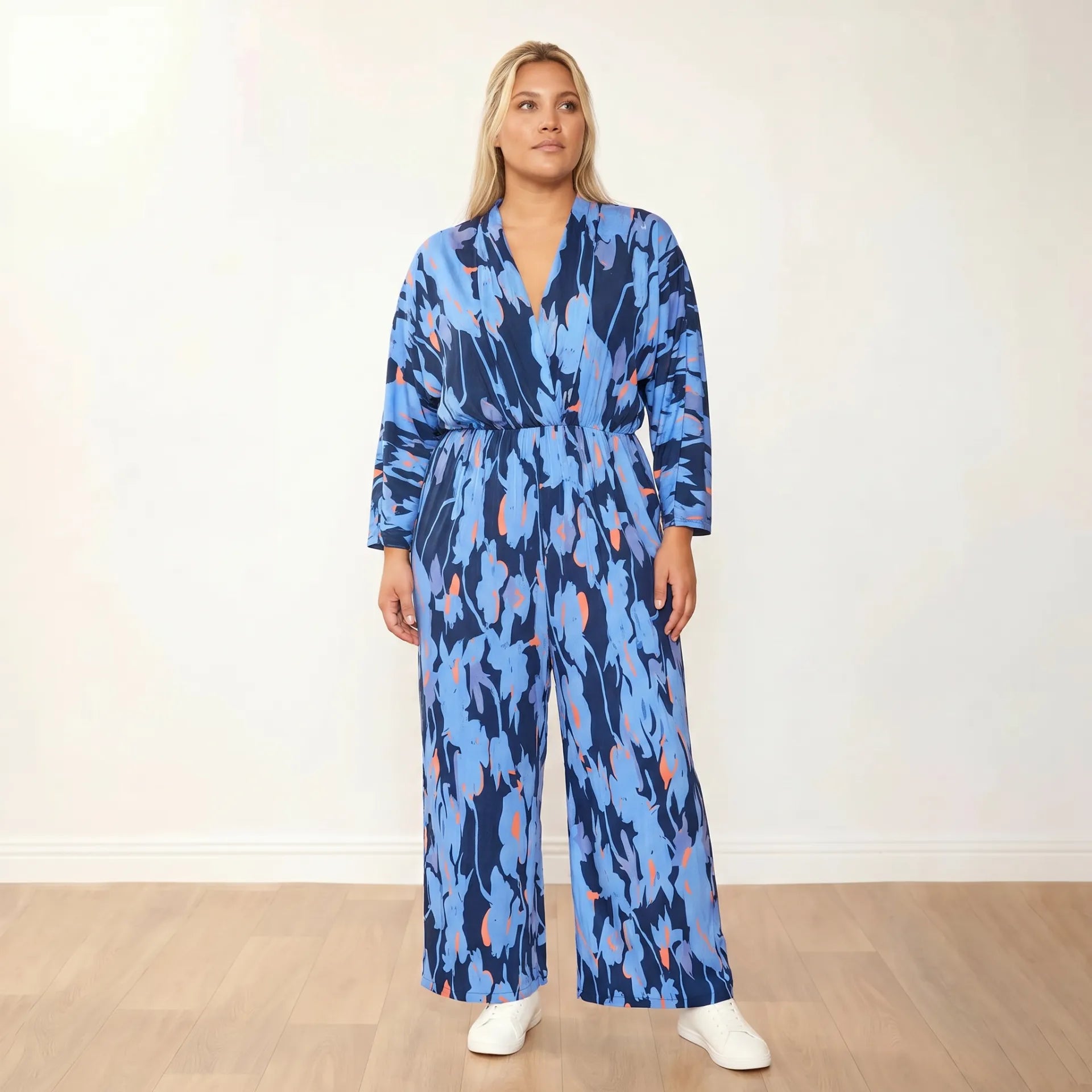 Vogue Jumpsuit (Navy/Orange Abstract) - Plus Size Model, 3/4 Angle