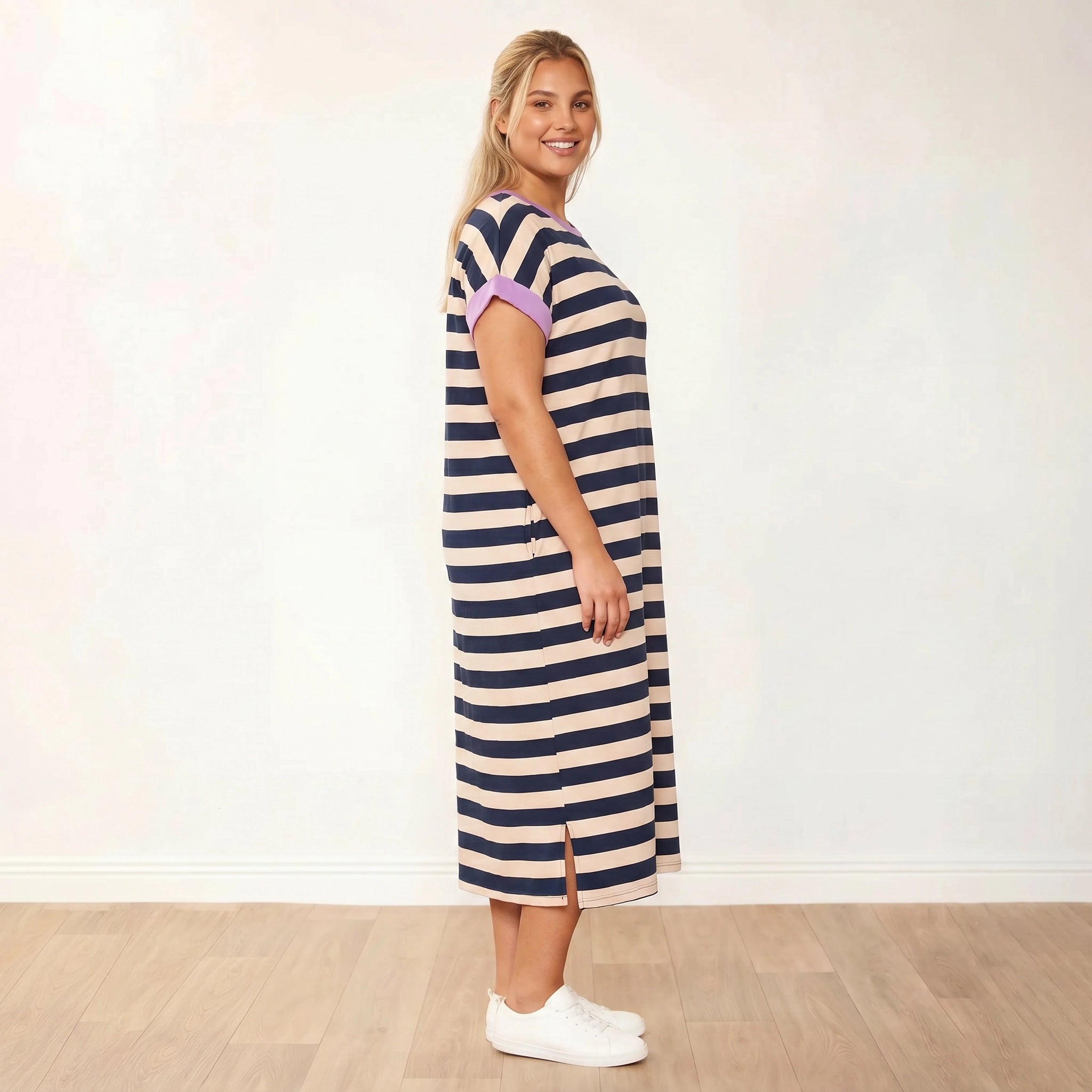 Rachel Dress Navy Stripe Lilac - Plus Size XXL - Side Profile Smiling
