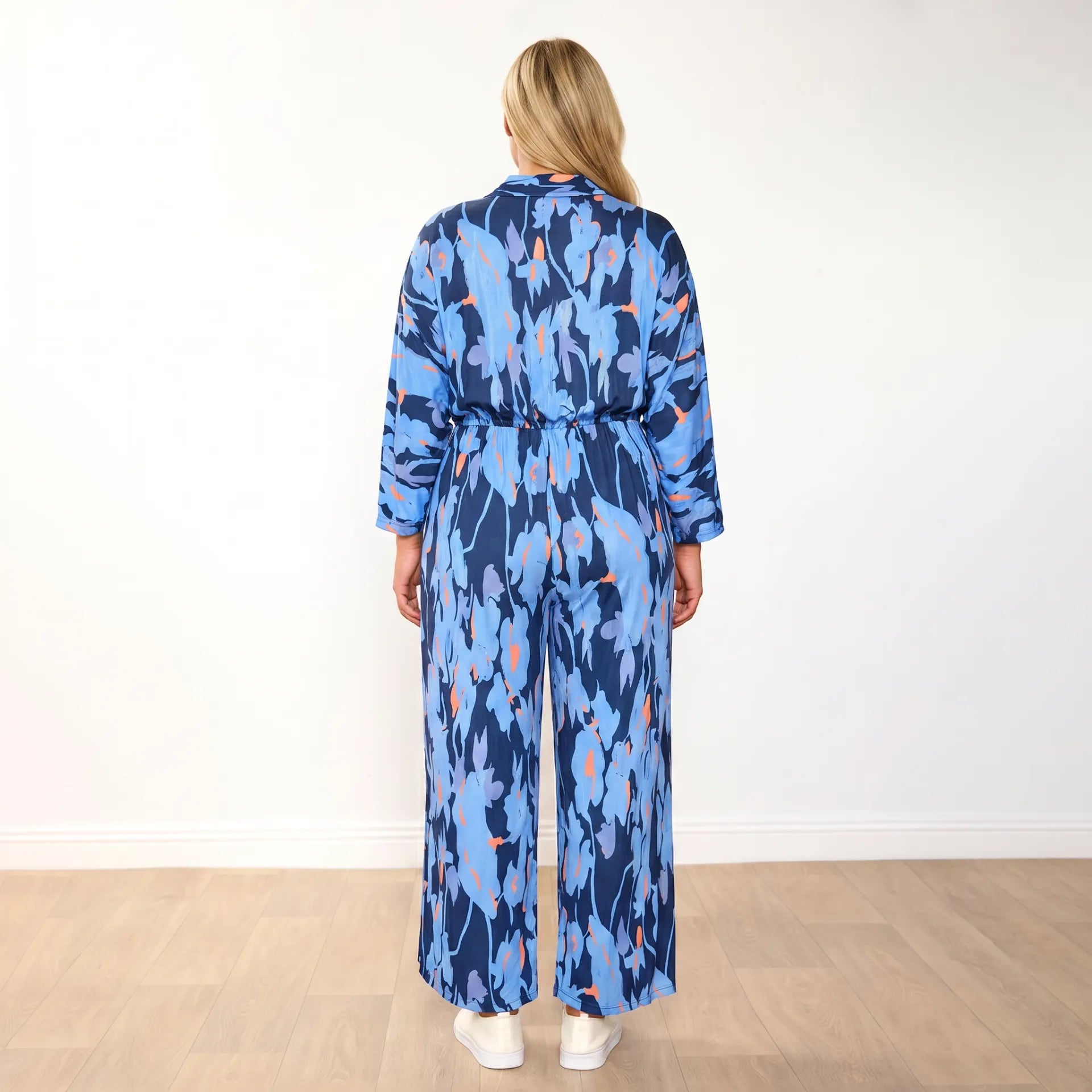 Vogue Jumpsuit (Navy/Orange Abstract) - Plus Size Model, Side Profile