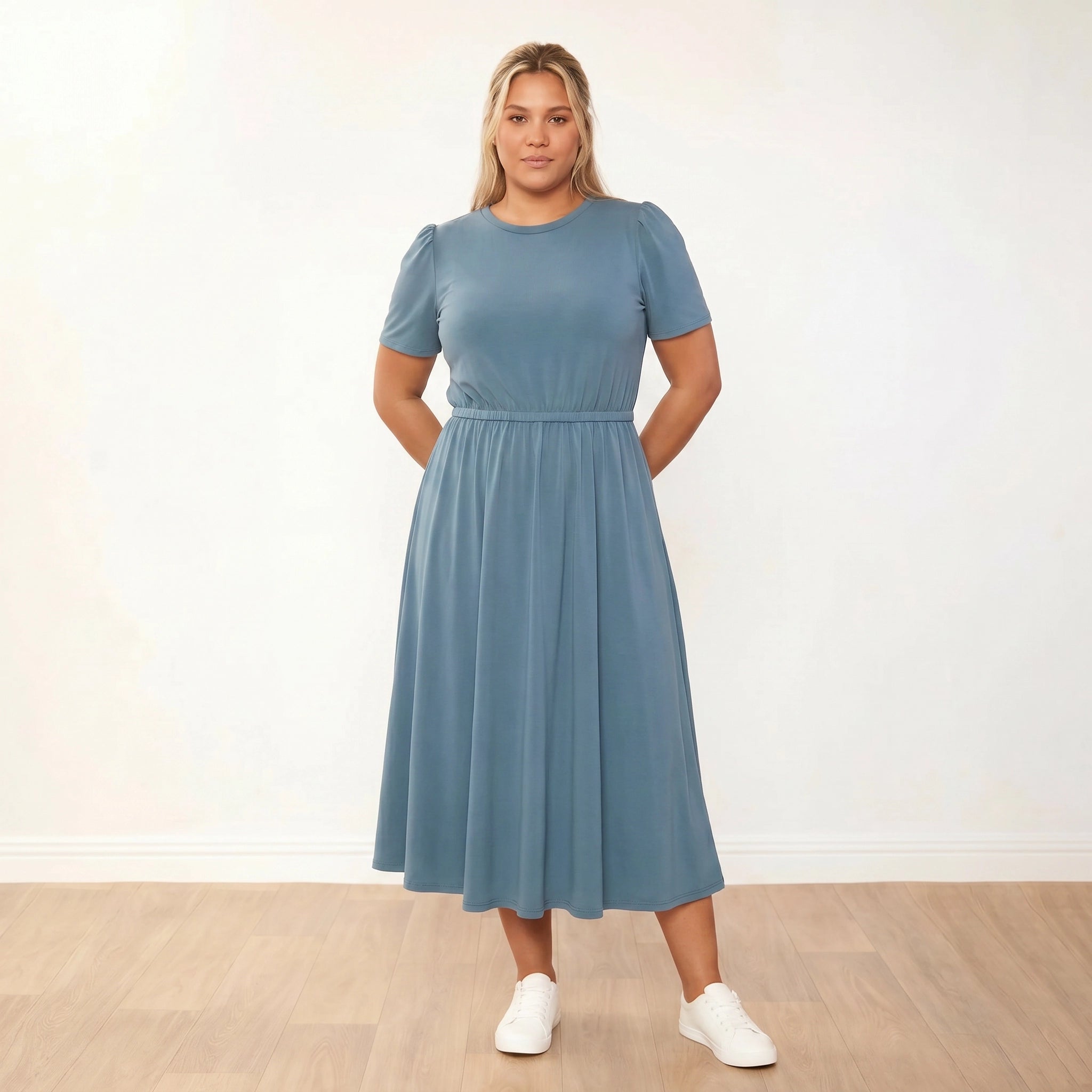 Eilish Dress Blue - Hands Behind Back - Plus Size