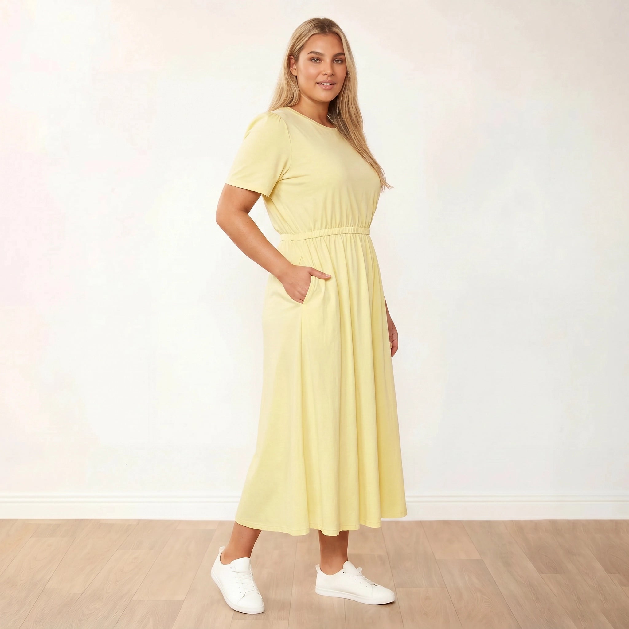 Eilish Dress Lemon - Plus Size XXL - Side Profile Hand In Pocket