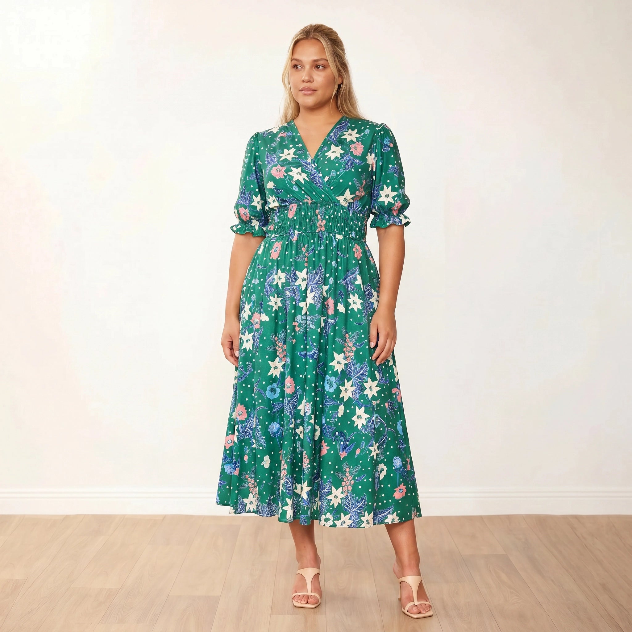 Bonnie Dress (Emerald/Lily) - Plus Size XXL - Front, arms relaxed at sides