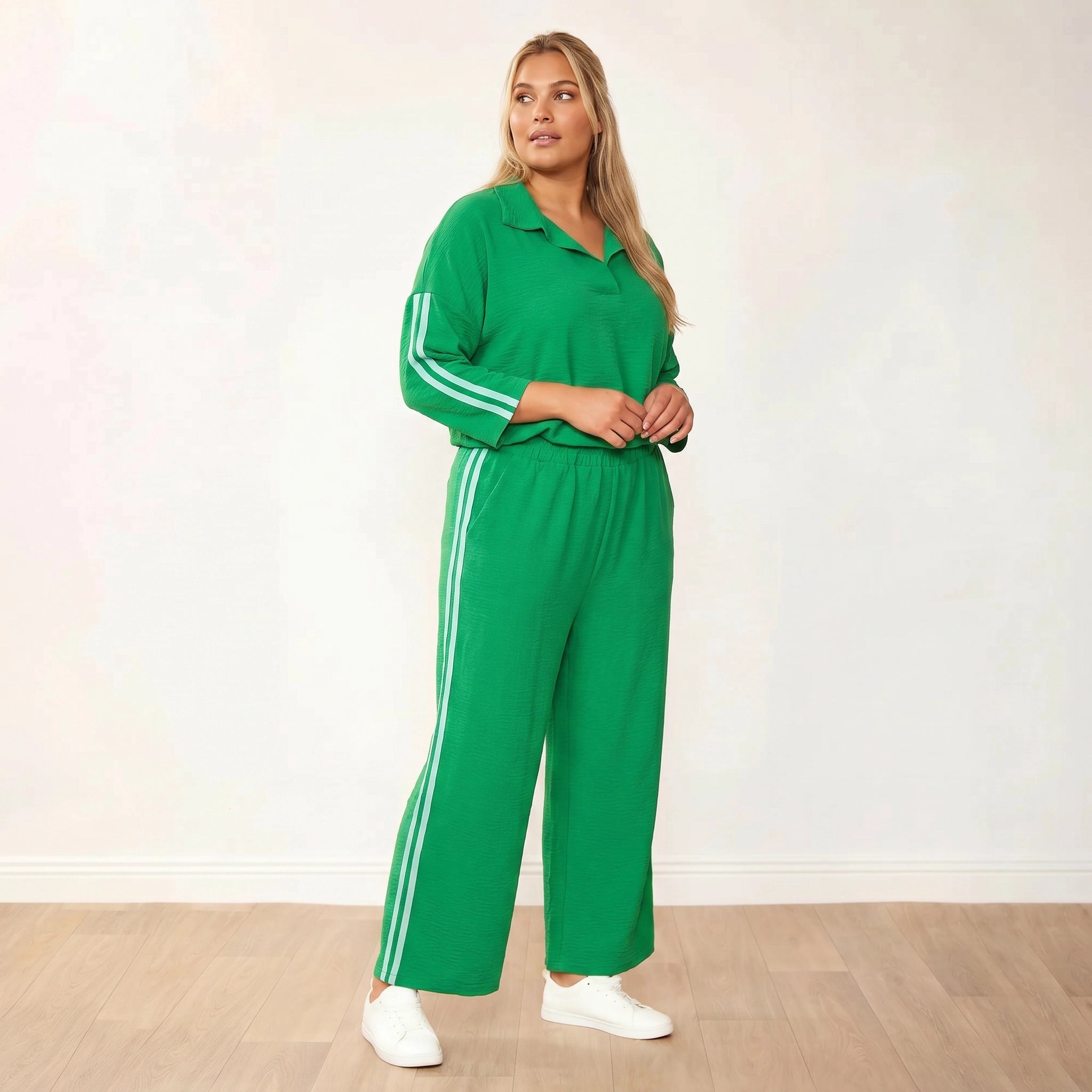 Clara Co-Ord Green Mint Stripe - Plus Size XXL - 3/4 hands clasped looking away
