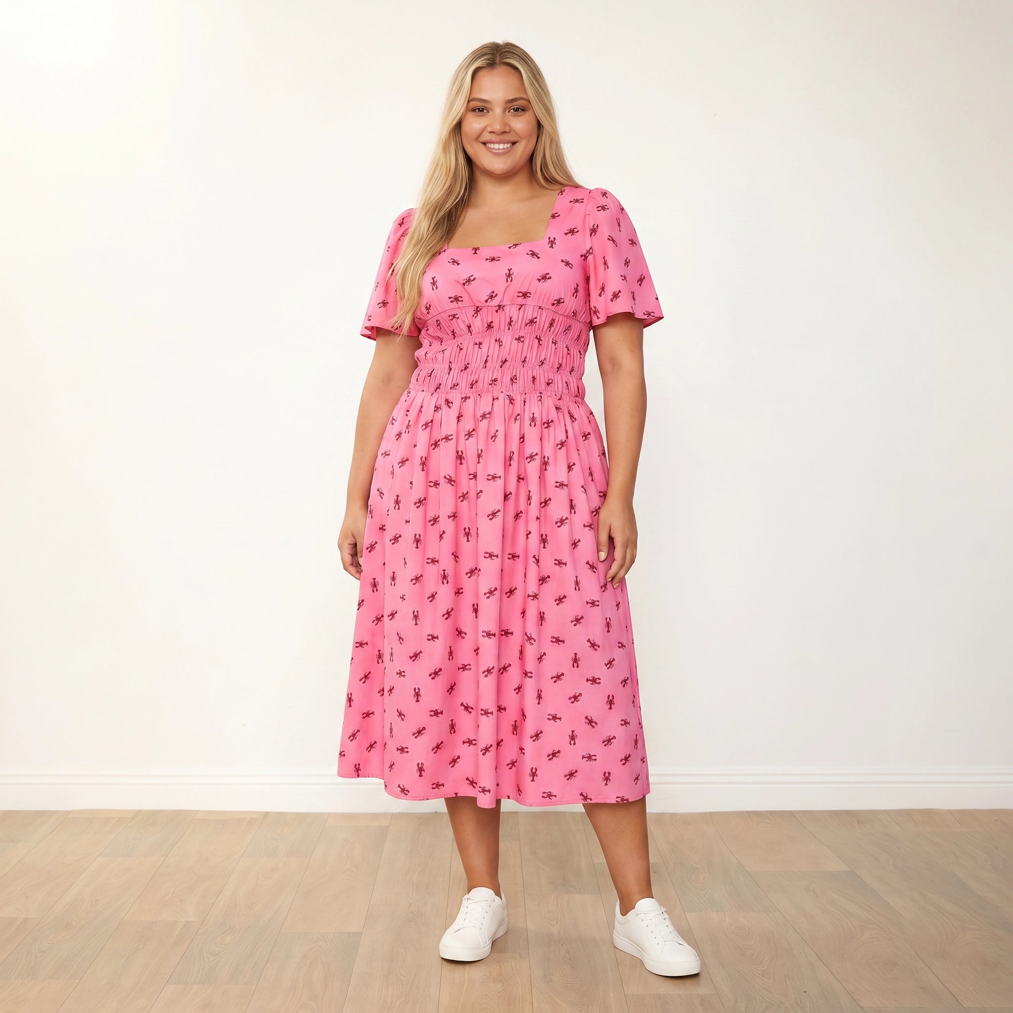 Iris Dress Pink Lobster - Plus Size XXL - Front Arms Relaxed
