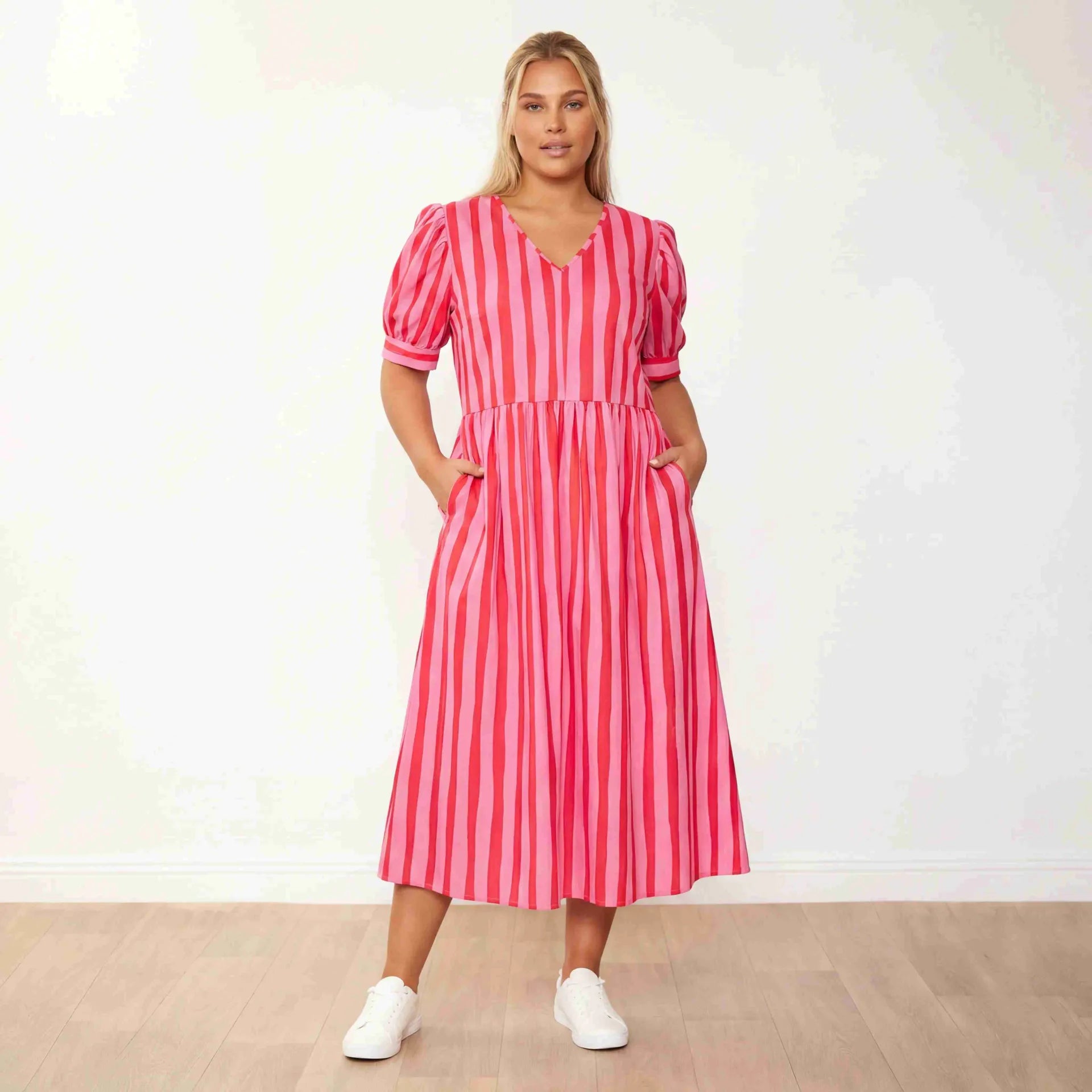 Billy Dress Pink Red Stripe - Plus Size Hands in Pockets