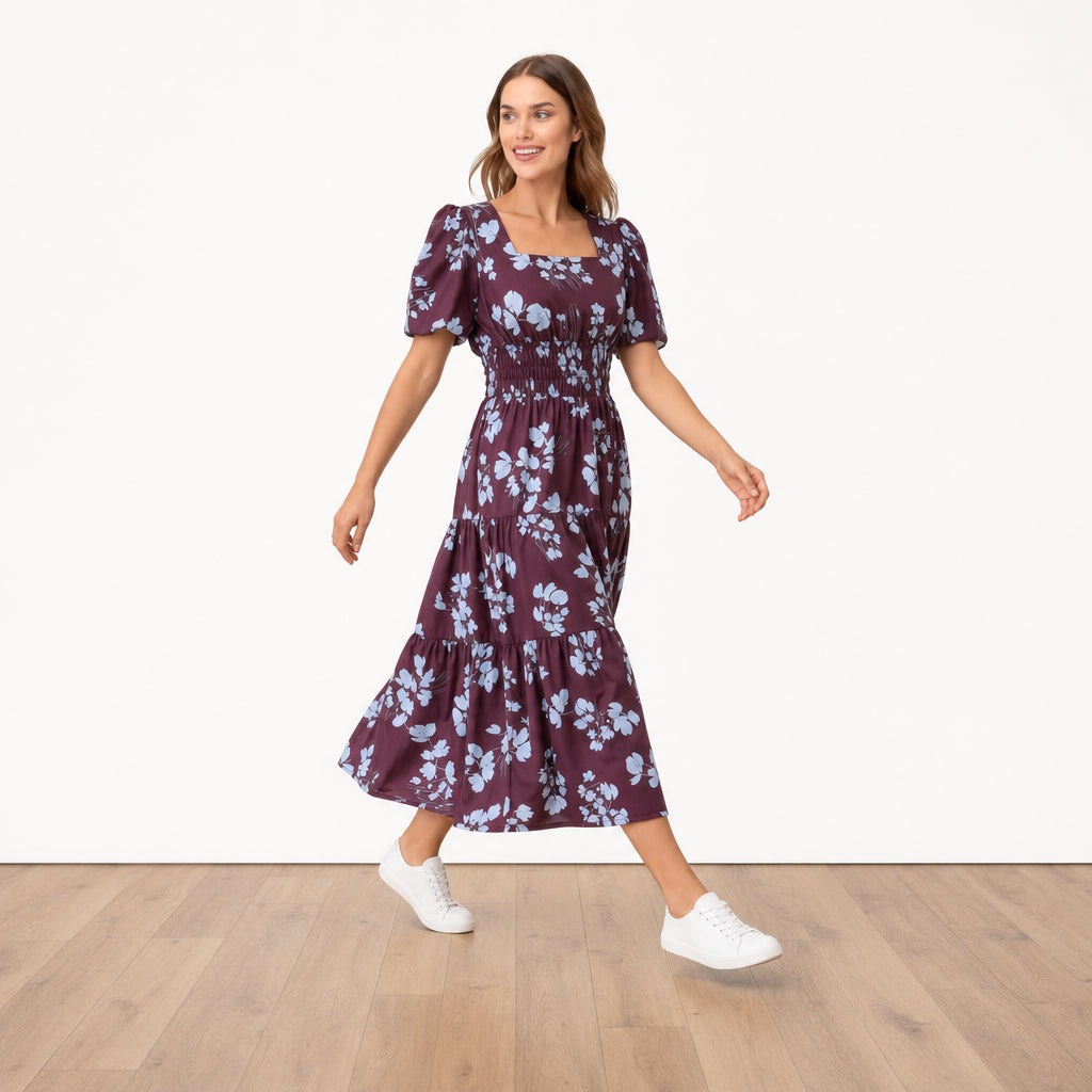 Iris Dress Berry Blue Flower - Walking pose