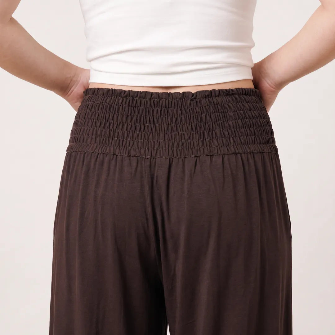 Back close-up of the shirred waistband on Orla Trousers in Chocolate Brown
