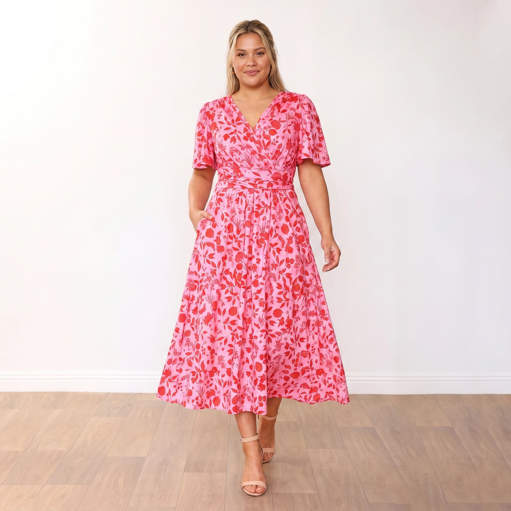 Teagan Dress in pink and red floral print – women's dress – view 4