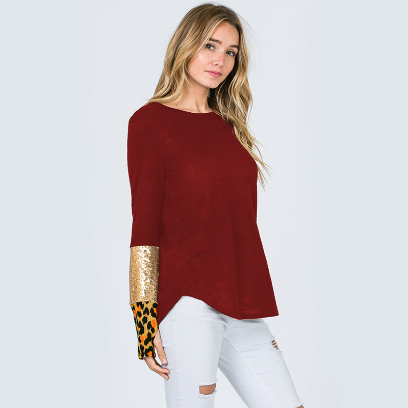 Glitter Leopard Sleeve Top Burgundy