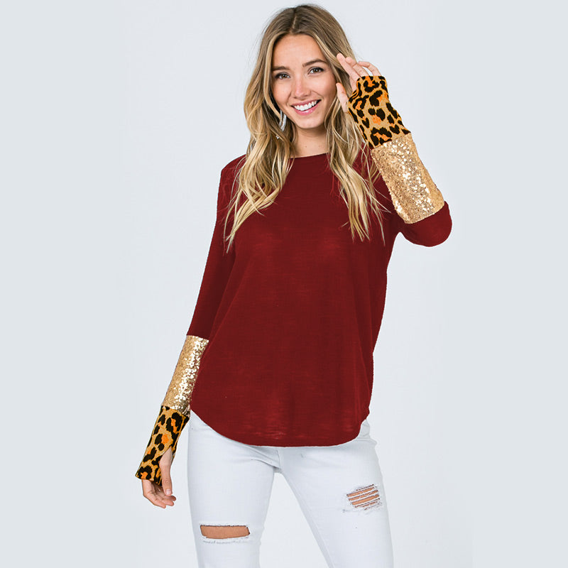 Glitter Leopard Sleeve Top Burgundy